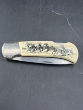 Vintage Sabre Whitetail Deer Scrimshaw Folding Lockback Pocket Knife Stainless picture