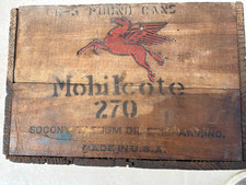 Vintage Mobil Mobilcote Motor Oil Wood Crate Pegasus Cans Advertising Sign Gas picture