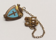 Vintage Antique Gold Pin Lapel Brooch Cross Religious Catholic Enamel Shield 35 picture