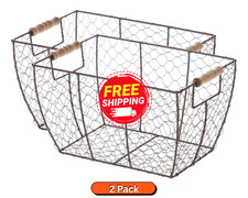 2 pcMainstays Brown Chicken Wire Basket with Wood Handles 12.2 in x 8 in x 7.28 picture