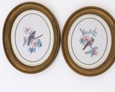 HOMCO Kay Lamb Shannon Bird Floral Prints Oval Gold Frames Pair Vintage 1986 picture