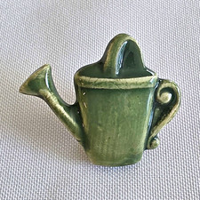 Vintage Green Ceramic Watering Can Lapel Pin USA Made Cottagecore Garden Brooch picture