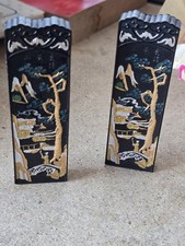 Vintage Japanese Black Lacquer Gold Silver Makie Pine Landscape Kanji Pair picture