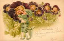 FANTASY ELF in Green with all the FLOWER GIRLS Postcard Antique 1905 picture