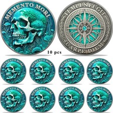 10pc Memento Mori Memento Vivere Coin Green Skull Stoic Challenge Coin EDC Token picture
