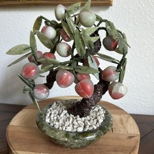Vintage Asian Gemstone Bonzai Tree 9 Inch  Agate Peaches Nephrite Jade Leaf Bowl picture