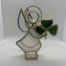 Stained Glass Angel With Shamrock Clover Brass Sun Catcher White Green Signed picture