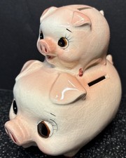 Unique 2 Hole Vintage 1960s Ceramic Piglet On Top Mommy Piggy Bank Hand Painted picture