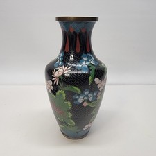 VTG Chinese Cloisonne Floral Vase Black Ground Brass Enamel Flowers Marked 8