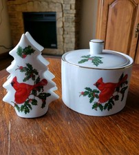 Lefton Vintage Porcelaine Cardinal Napkin Holder & Candy Dish set Of 2  picture