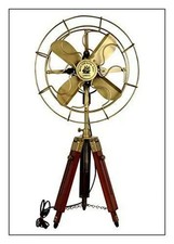 Royal Navy London Fan With Wood Tripod Floor Standing Electric Antique Brass Fan picture