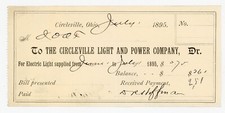 1895 Circleville OH Light & Power Co. Receipt Electric Bill Signed DR Hoffman picture