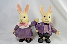 Male & Female  Ceramic Rabbit Figurines Dressed in Purple Clothes picture