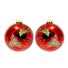 Holly Berry Red Glass Ornament Set of 2 Handblown Christmas Tree Decoration 3