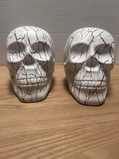 Human Skull Sculpture Ceramic White Base With Black Crackle Lot Of 2 Decor picture