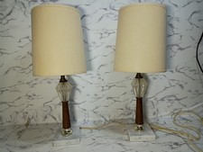 Pair Of MCM Teak & Crystal Table Lamps, Marble Base Vtg WORKING  picture