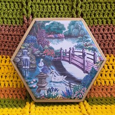 Vintage Hexagon Tin Box Asian Japanese Garden Scene Swan Pagoda Bridge 1980s picture