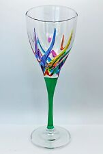 VENETIAN CARNEVALE WINE GLASS - GREEN STEM - HAND PAINTED CRYSTAL picture