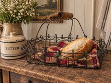 Vintage Rustic Wire Gathering Basket Wooden Handles Farmhouse 18