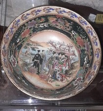Vtg Royal Satsuma  Signed Japanese Bowl & Wood Stand Hand Painted Geisha Scene picture