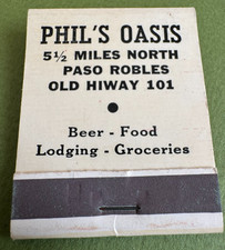 Phil's Oasis Paso Robles, CA Matchbook ~ Circa 1970 Vintage, Un*Struck, Nice picture