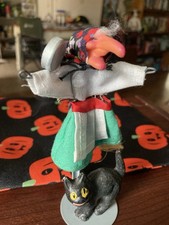VTG 1960s/1970s Scandinavian Kitchen Witch & Black Cat with Vintage Metal Stand picture