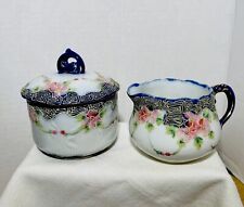 Hand Painted Nippon Cobalt Blue Porcelain Sugar & Creamer Pink Floral picture