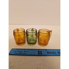 Vintage Miniature Glass Barrel Mug Shot Glasses Set of 3 Amber Green Barware picture