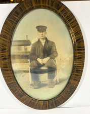 Antique Oval Tiger Wood Picture Frame Convex Bubble Glass Man Sitting on Chair picture
