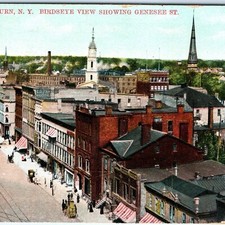 c1910s Auburn, NY Genesee St Birdseye View Postcard Trolley Skyline Buildings picture