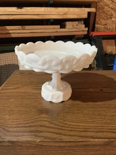 Vintage Westmoreland Milk Glass Grape Pattern Pedestal Compote Dish Appr 6”x9”d picture