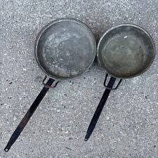 Antique Primitive Hand Hammered Copper & Cast Iron Hanging Frying Pan Tin Lined picture