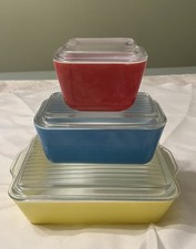 VTG Pyrex Set of 3 Refrigerator Dishes Containers & Lids Primary 501 502 503 picture
