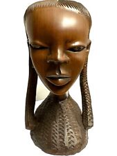 Vintage Hand Carved Solid Wood AFRICAN TRIBAL WOMAN HEAD Statue Bust 7.5” Height picture
