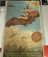 1910 Winsch Schmucker Embossed Vintage Halloween Postcard Witch On Flying Bat picture