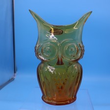 Rare Vintage 1970’s Rainbow Glass Company Hand Blown AMBER Glass Owl Shaped Vase picture