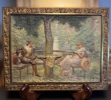 BEST ANTIQUE BRADLEY & HUBBARD CAST IRON MAN LADY GARDEN ART PLAQUE OIL PAINTING picture