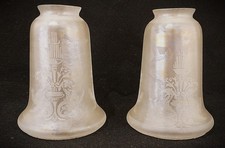 Antique Pair of Iridescent Frosted Etched Glass Pendant Hanging Light Shades picture