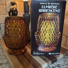 VTG Amber Indiana Glass Diamond Point Fairy Lamp Tealight Candle Holder MCM MINT picture