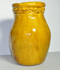 Handmade Mustard Yellow Glazed Pottery Vase Crock Raised Wave Dot Farmhouse picture