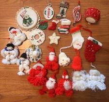 Vintage Lot of 24 Handmade Christmas Ornaments, Crocheted, Beaded, Cross Stitch picture