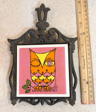 Owl wink Pop Art 70s Vintage 1970’s Tile Trivet  Metal Retro Cherry Japan picture