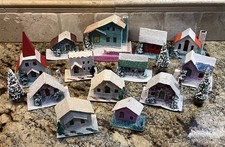Vintage Christmas Putz Village Cardboard Houses & Trees Japan Lot Of 16 picture