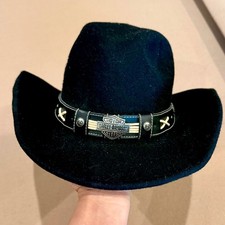 Vintg HARLEY DAVIDSON Black Wool Western Hat w/belted Detail LARGE WATER REPELNT picture