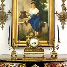 Clock French Antique Cherub Gilded Brass on Marble Candelabra Exquisite Decor  picture