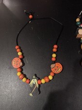 Vintage Hand painted Wooden Halloween Necklace, Witch, Pumpkin, Fall. picture