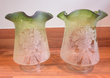 SUPERB PAIR OF ANTIQUE VICTORIAN GREEN ACID ETCHED SMALL OIL LAMP SHADES picture