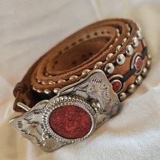 Vintage Tooled Belt & Silver Buckle w/Large Stone 46