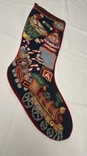 Beautiful Vtg. Handmade Needlepoint Stocking Velvet Back “Christmas Toys” 19” picture