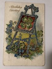 C. 1908 Birthday Postcard Flower & Four Leaf Clover Easel Embossed Germany picture